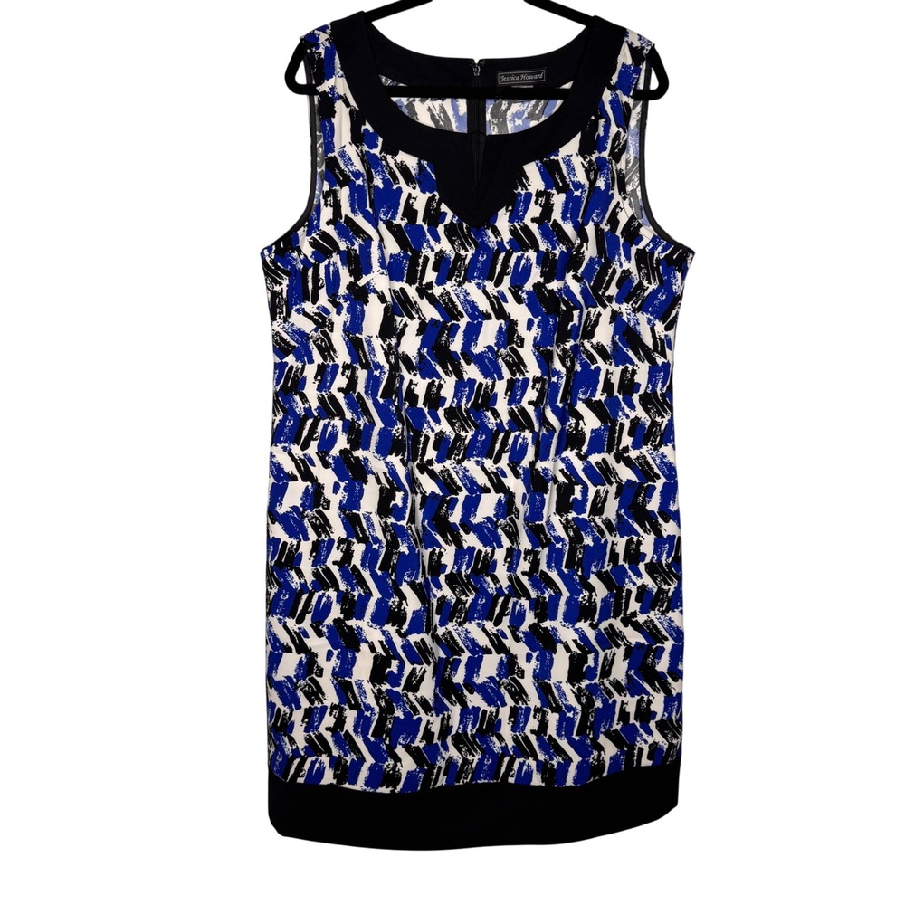 Jessica Howard 18W Blue Black Abstract Chevron Sleeveless Shift Dress